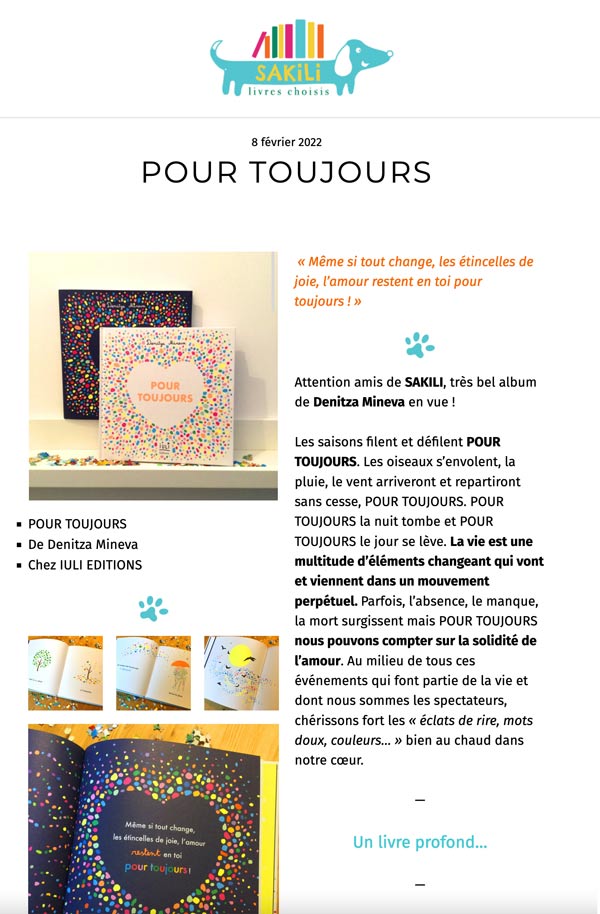 Denitza Mineva - Chronique de Pour Toijours sur le site Sakili